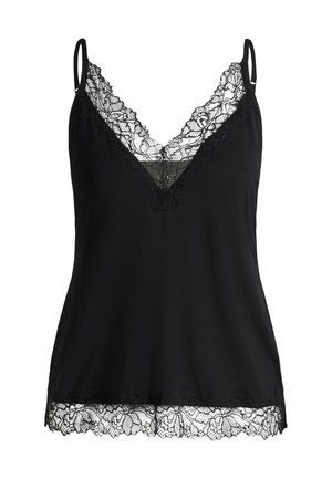 Caraco noir sans manches avec bretelles réglables, encolure en V et bordure en dentelle florale sur l'encolure et l'ourlet inférieur.