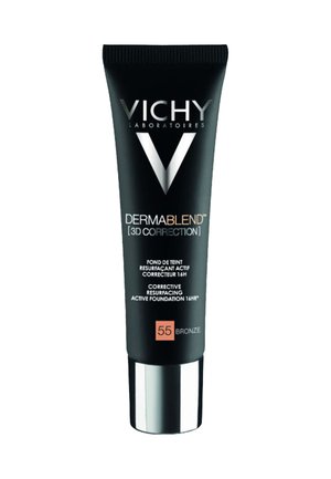 Black squeeze tube with silver cap, labeled "Vichy Dermablend 3D Correction," featuring a bronzed shade, 55. Smooth texture, modern design.