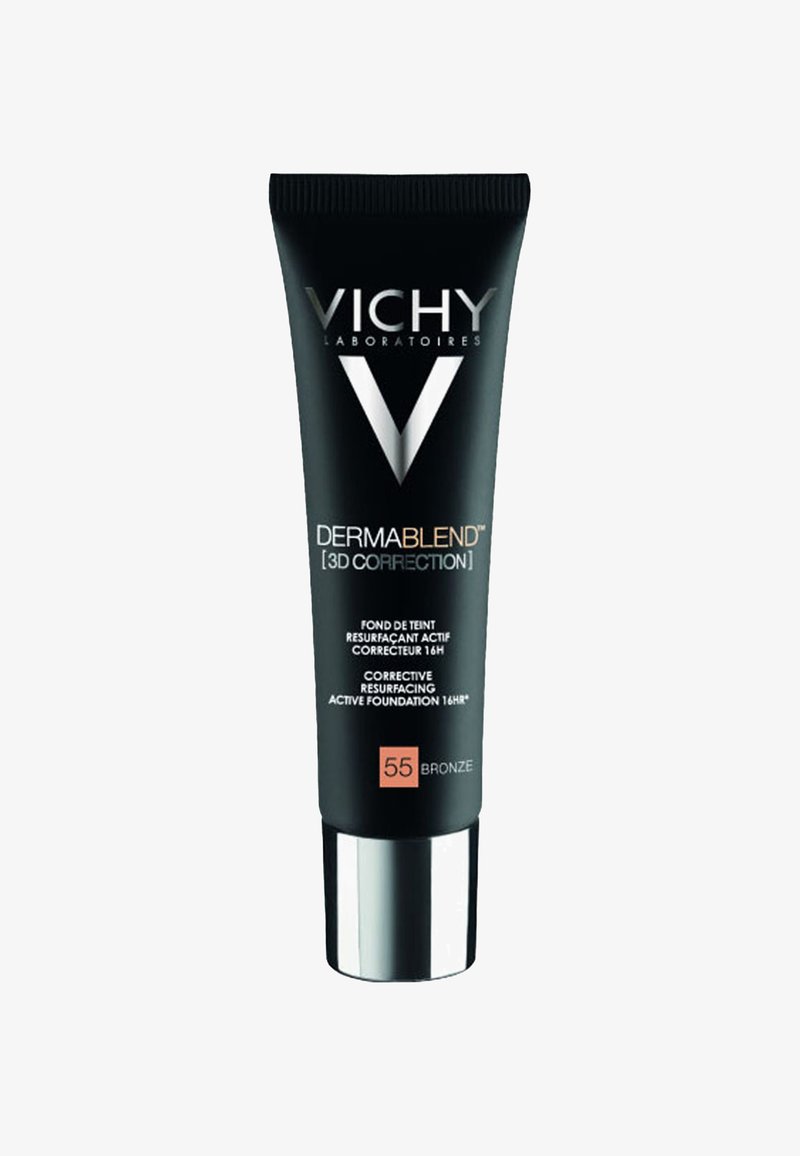 Black squeeze tube with silver cap, labeled "Vichy Dermablend 3D Correction," featuring a bronzed shade, 55. Smooth texture, modern design.