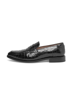 Schwarze Lederloafers mit Krokodilstruktur, abgerunderter Spitze und niedrigem schwarzen Absatz. Sie zeichnen sich durch ein elegantes Design und minimale Nähte aus.
