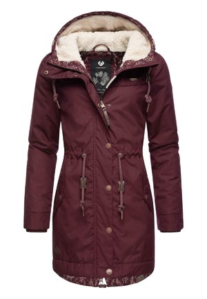 Burgundy hooded jacket with a soft, cream-colored fleece lining. Features drawstrings, snap buttons, and a floral-patterned interior hem.