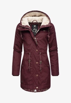 Bordeaux hoodie met een zachte, crème-kleurige fleece voering. Beschikt over trekkoorden, drukknoopsluitingen en een bloemenpatroon aan de binnenzoom.