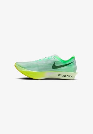 Hellgrüner Nike-Laufschuh mit schwarzem Swoosh, gelber Verlaufssohle und dem Schriftzug "zoomx" auf der Zwischensohle, im rechten Profil dargestellt.