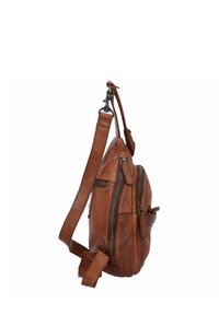 Borsa a tracolla in pelle marrone con finitura opaca, due scomparti con zip, tracolla regolabile e tasca frontale con chiusura a zip.
