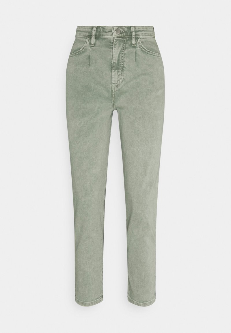 Jeans de tiro alto y pierna recta en denim verde claro. Cuenta con bolsillos delanteros, cierre de cremallera y botón de metal. Textura suave.