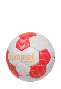Palla da allenamento Hummel Classic Elite; bianca con accenti rossi e gialli, motivo esagonale, superficie texture, presenta il logo del marchio.