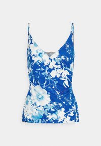 Blue floral tank top featuring a V-neckline, thin straps, and a ruched side design with light and dark blue flower patterns.