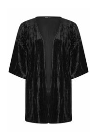 Zwarte fluwelen kimono-achtige jas met korte mouwen, open voorkant en een textuurafwerking met verticale lijnen.