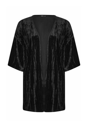 Giacca in velluto nero in stile kimono con maniche corte, apertura frontale e una finitura testurizzata con linee verticali.