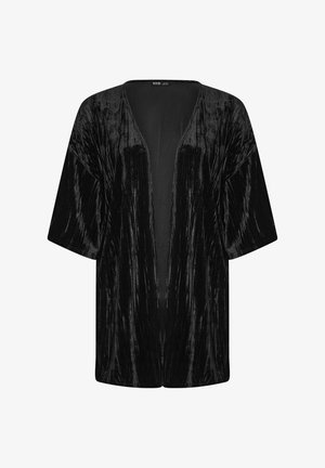 Black velvet kimono-style jacket with short sleeves, open front, and a textured finish featuring vertical lines.