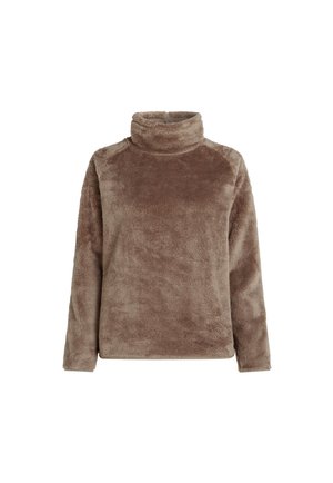 Brun fleece-pullover med hög krage, långa ärmar och strukturerad yta. Har en avslappnad passform och släta foder.