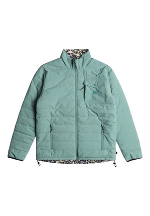 Light mint green quilted jacket with a stand-up collar, zippered front, two side pockets, and a patterned interior lining.