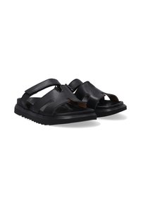 Zwarte leren sandalen met een open ontwerp, voorzien van brede banden en een gemarmerde zool. Inclusief uitsparingen voor ademend vermogen.