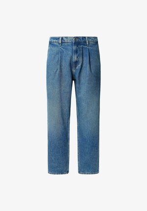 Blauwe denim broek met een rechte snit, plooien bij de taille en een vervaagde wassing. Afgewerkt met een knoop- en ritssluiting.