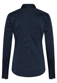 Navy blue long-sleeve shirt made of smooth fabric. Features a fitted design, pointed collar, and buttoned cuffs with contrasting buttons.