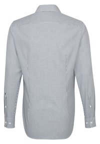 Herenlangslavemshirt met een blauw-wit verticale streepjespatroon, knoopmanchetten en een standaardkraag met een gladde stofstructuur.