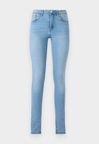 Jeans ajustados de color azul claro fabricados en denim, con una cintura de altura media, diseño de cinco bolsillos y un sutil desgastado a lo largo de las piernas.