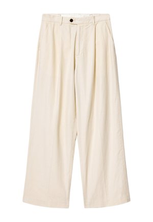 Crème-kleurige wijde broek met riemlussen, voorkant met knopen, ritssluiting en zijzakken, afgebeeld tegen een witte achtergrond.