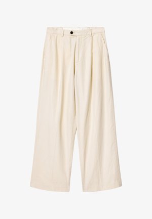 Crème-kleurige wijde broek met riemlussen, voorkant met knopen, ritssluiting en zijzakken, afgebeeld tegen een witte achtergrond.