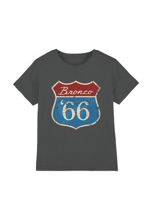 Dark gray short-sleeve T-shirt with a vintage-style shield emblem reading "Bronco '66" in red, blue, and beige colors on the front.