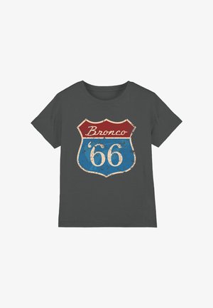 Dark gray short-sleeve T-shirt with a vintage-style shield emblem reading "Bronco '66" in red, blue, and beige colors on the front.