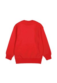 Sudadera de algodón rojo con mangas largas, puños y cintura acanalados. Textura suave, diseño de cuello redondo y sin gráficos ni logotipos visibles.