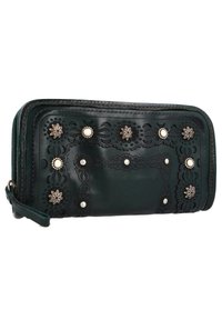 Groene leren portemonnee met bloemenuitsparingen, versierd met decoratieve metalen accenten en ronde embellissements. Ritssluiting met een polsband.