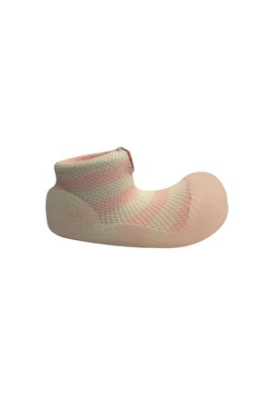 Scarpa morbida per neonati con strisce rosa e bianche e suola in gomma flessibile, progettata per il comfort e la facilità di utilizzo.