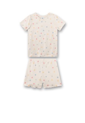 Kinder-Set aus kurzärmeligem Oberteil und Shorts aus cremefarbenem Stoff mit mehrfarbigen pastellfarbenen Polka Dots und wellenförmigen Säumen an Ärmeln und Shorts.
