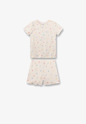 Children's short-sleeve top and shorts set in cream fabric with multicolored pastel polka dots and wavy hems on sleeves and shorts.