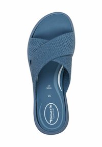 Sandale bleue avec une bande croisée texturée, semelle intérieure rembourrée et semelle solide. Présente le logo "Tamaris Comfort". Taille 37.