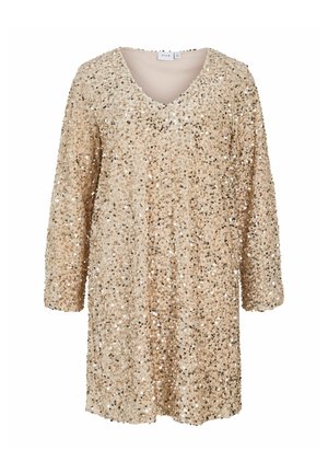 Beige kjole med lange ærmer dækket af gyldne pailletter, med V-hals, designet til fest- eller aftenbrug.