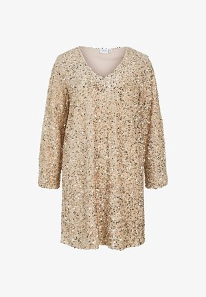 Beżowa sukienka z długim rękawem pokryta złotymi cekinami, z dekoltem w kształcie litery V, zaprojektowana na uroczyste lub wieczorowe okazje.