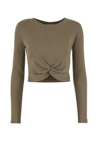 Hnedě zelený žebrovaný top s dlouhým rukávem, kulatým výstřihem a zkrouceným detailem v přední části. Látka vypadá měkce, s přiléhavým a zkráceným designem.