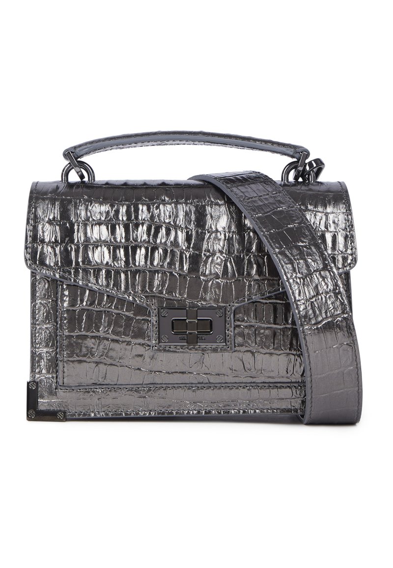 Graue Handtasche aus krokodilgeprägtem Leder mit einem oberen Griff und einem abnehmbaren Schultergurt, ausgestattet mit einem rechteckigen Metallverschluss und einer eleganten Textur.
