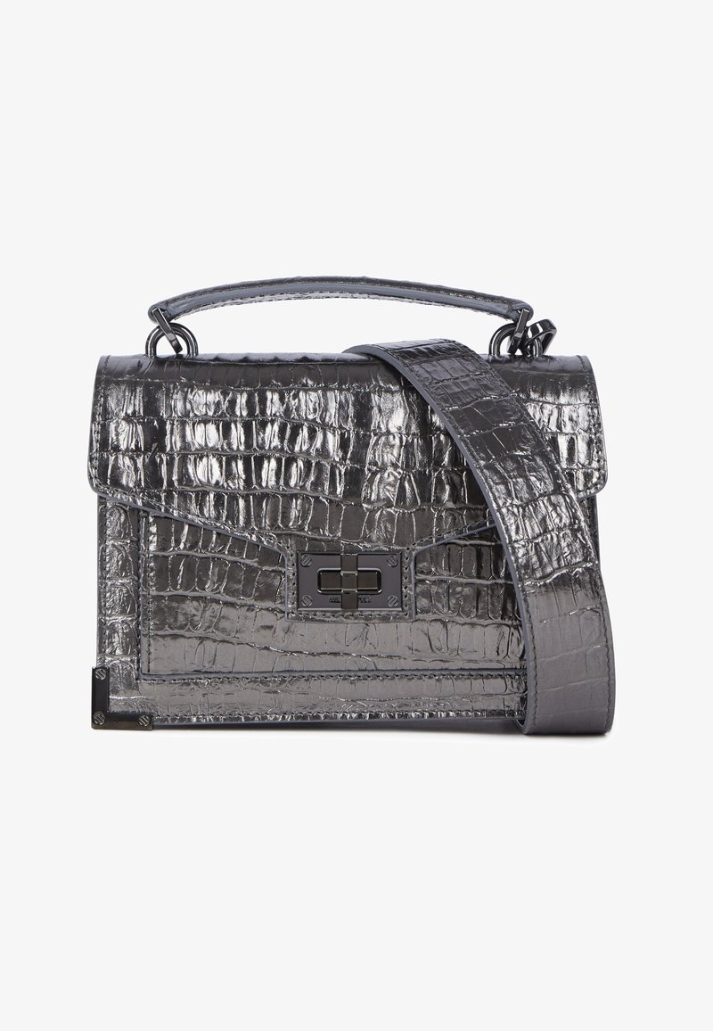 Graue Handtasche aus krokodilgeprägtem Leder mit einem oberen Griff und einem abnehmbaren Schultergurt, ausgestattet mit einem rechteckigen Metallverschluss und einer eleganten Textur.