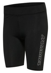 Zwarte sportshorts van rekbaar materiaal met een nauwsluitend ontwerp en een prominent wit "HUMMEL" logo langs de zijkant.