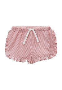 Shorts légers rayés rouge et blanc avec un ourlet à volants, une taille élastique et un détail de cordon de serrage. Conçus pour le confort et la facilité de port.
