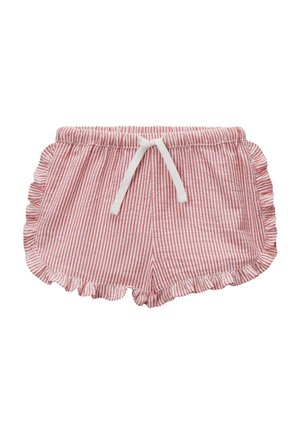 Shorts légers rayés rouge et blanc avec un ourlet à volants, une taille élastique et un détail de cordon de serrage. Conçus pour le confort et la facilité de port.