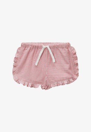 Shorts légers rayés rouge et blanc avec un ourlet à volants, une taille élastique et un détail de cordon de serrage. Conçus pour le confort et la facilité de port.