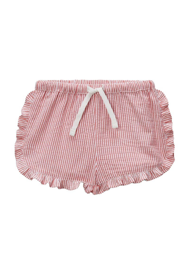 Shorts légers rayés rouge et blanc avec un ourlet à volants, une taille élastique et un détail de cordon de serrage. Conçus pour le confort et la facilité de port.