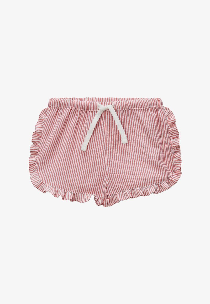 Shorts légers rayés rouge et blanc avec un ourlet à volants, une taille élastique et un détail de cordon de serrage. Conçus pour le confort et la facilité de port.