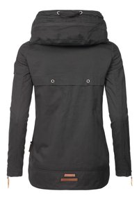 Black hooded jacket with a zip front, featuring two back pockets, adjustable drawstring hood, and leather accents at the hem.