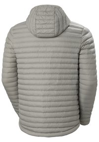 Hellgraue, gepolsterte Jacke mit horizontaler Steppung, Kapuze und elastischen Bündchen. Glattes, synthetisches Material mit wasserabweisender Beschichtung.