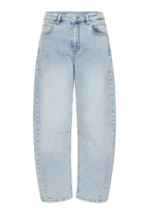 Light blue, high-waisted straight-leg jeans with front button and zipper, front and back pockets, and subtle fading details.
