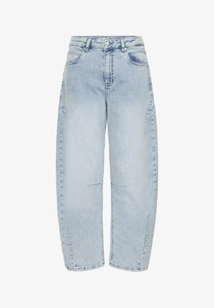 Light blue, high-waisted straight-leg jeans with front button and zipper, front and back pockets, and subtle fading details.