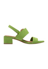 Sandal in suede verde con tacco a blocco, caratterizzata da due fasce larghe e una cinghia alla caviglia per un maggiore supporto. Texture liscia e design open toe.