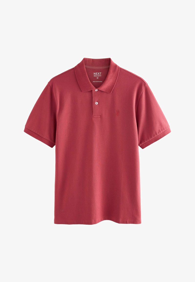 Tricou polo roșu din bumbac, cu placket cu două nasturi, mâneci scurte și un logo brodat pe pieptul stâng. Croială regulată, cu textură netedă.