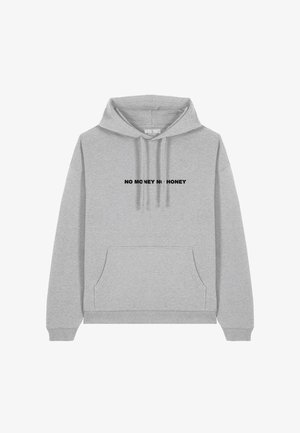 Felpa grigia in misto cotone, con tasca frontale e cappuccio con cordino. Testo nero "NO MONEY NO HONEY" esposto centralmente.
