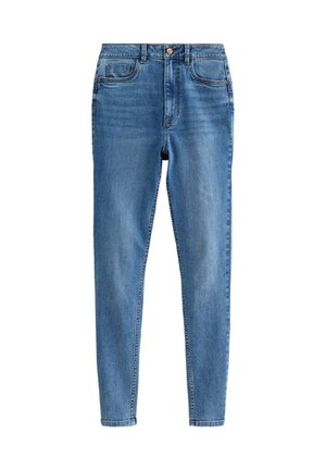 Jeans de mezclilla azul con un corte ajustado, cinco bolsillos y cierre de botón de cobre. Textura suave con ligeros detalles de desgaste.
